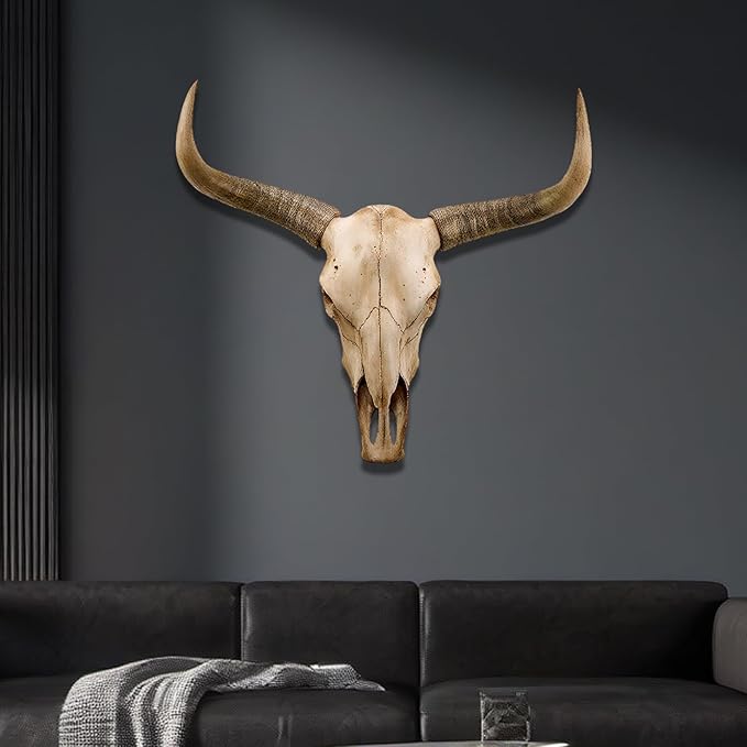rzoizwko Cow Skull Wall Decor, Faux Longhorn Skull Wall Hanging, Bull Head Wall Sculpture, Rustic Western Farmhouse Faux Taxidermy Animal Head, Large 27"x25" Resin Steer Decoration