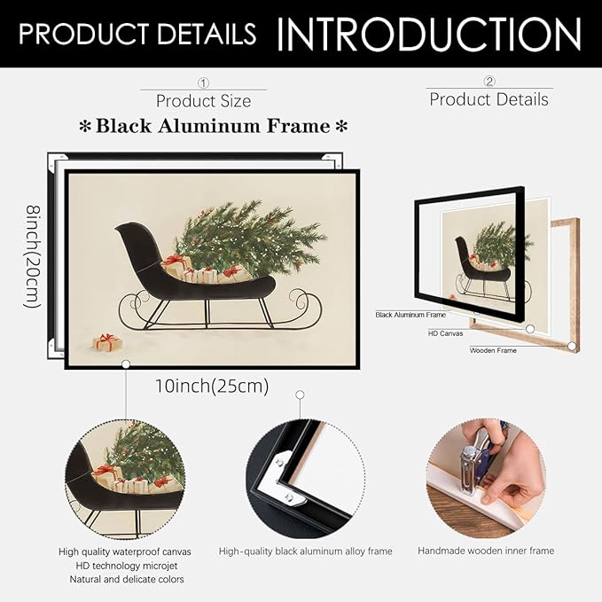 Winter Holiday Sleigh Canvas Wall Art Vintage Christmas Tree Poster Retro Botanical Pine Tree Sketch Painting Prints 08x10 inch Black Framed for Living Room Bedroom Wall Decor