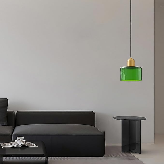 Modern Glass Pendant Light, E26 Hanging Light Fixture with Gold Metal Socket, Adjustable Cord Ceiling Lighting for Kitchen, Dining Room, and Bedroom (Dark Green)