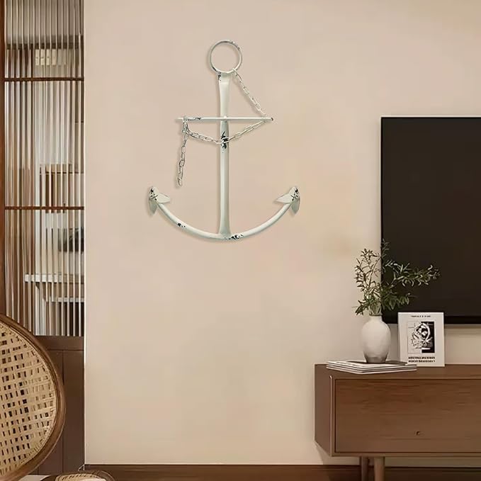 Nautical Anchor Wall Decor,Antique Metal Anchor Art Wall Decor With Chain for Bedroom Living Room Dorm Home/13" Antique Anchor with Chain Wall Decor,Antique Metal Anchor Farmhouse Decor(Creamy White)
