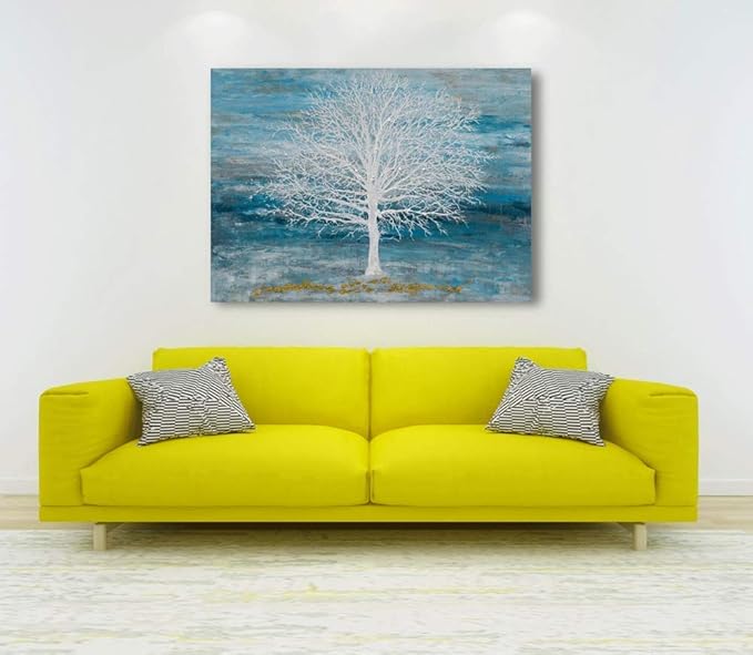 Yihui Arts Canvas Art Wall Decor, White Birch Trees Landscape Picture Painting, Modern Nature Teal Artwork Prints, Large Size Framed for Home Decor