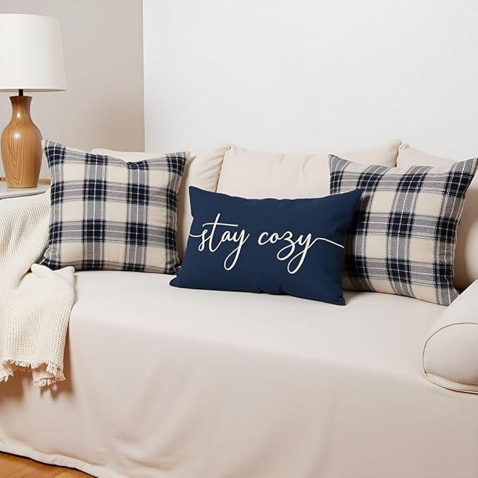 PANDICORN Navy Blue Pillow Cover 12x20 Inch, Stay Cozy Relax Farmhouse Lumbar Decorative Cushion Case for Couch Sofa Bed, Fall Winter Living Room or Porch Holiday Decorations