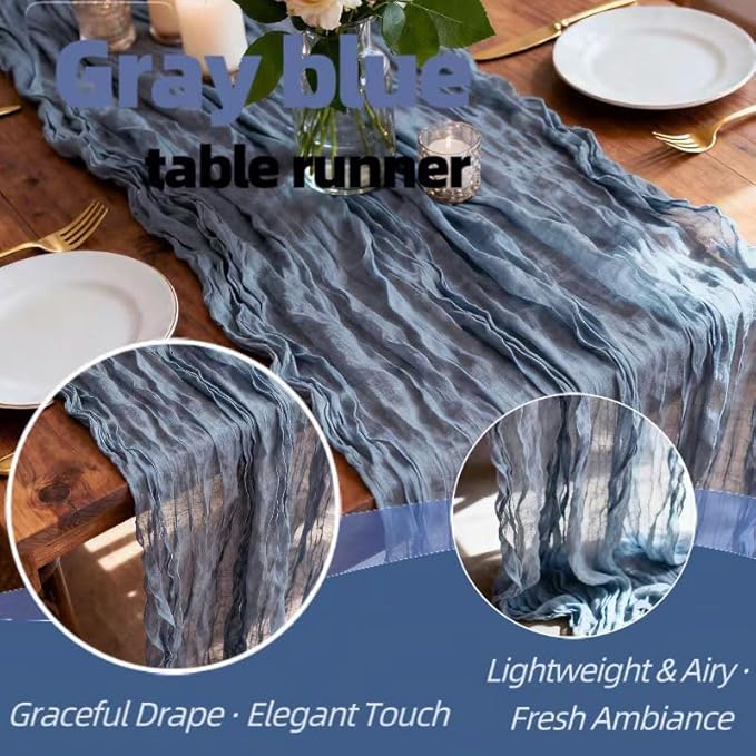 12 Pack Gray Blue Cheesecloth Table Runner 35 x 118 Inch Gauze Fabric Boho Table Runners for Wedding Arch, Rustic Bridal Shower, Baby Shower, Party Decorations, Farmhouse Home Decor