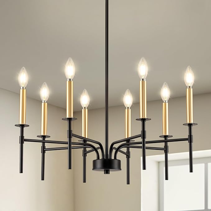 Modern Dining Room Light Fixture 8-Light, Black and Gold Farmhouse Chandelier, Metal Candle Chandeliers for Dining Room, Kitchen, Living Room, Bedroom, Foyer, Staircase, Entryway