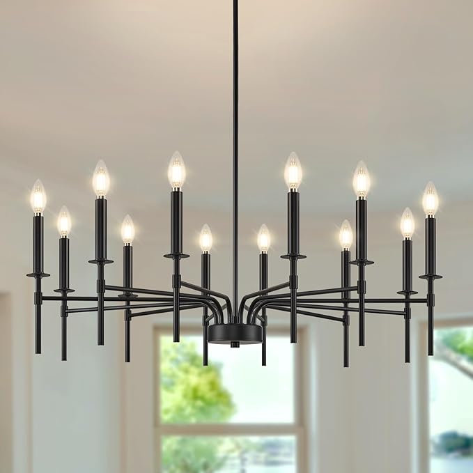 Black Farmhouse Chandeliers, 12 Light Modern Chandelier Light Fixture, Dining Room Chandelier Lighting for Living Room Staircase Bedroom Foyer Kitchen Entryway