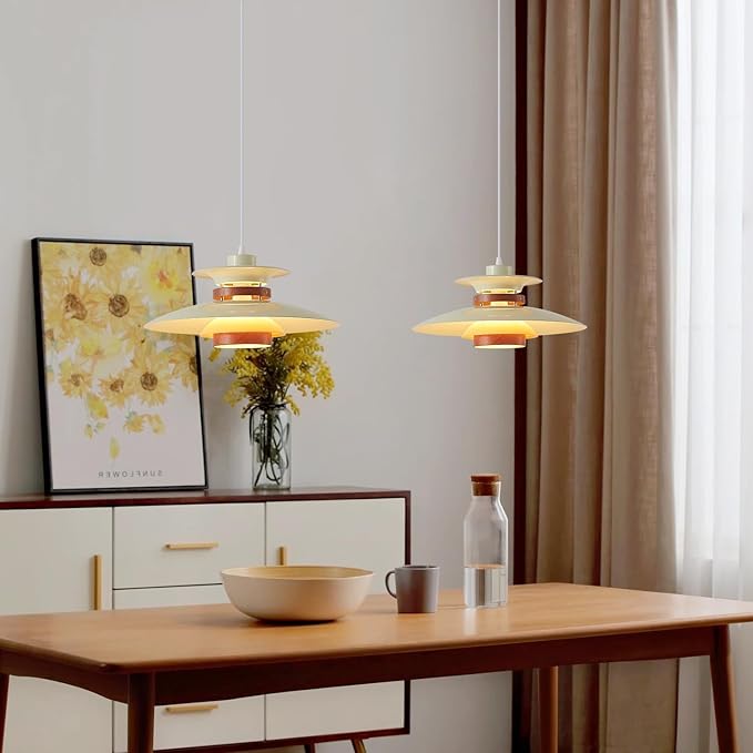 Modern Decor Adjustable Pendant Lamp Kitchen Island, Aluminum and Wood Finish,1-Light E26 Base Ceiling Hanging Light for Dining Room Shop Restaurant (Beige+Dark Wood Grain, 35cm)