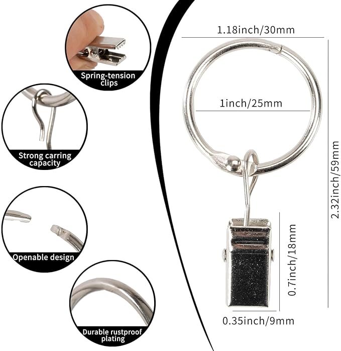 Openable Curtain Rings with Clips,1inch Inner Diameter,Heavy Duty Rustproof Metal Decorative Vintage Drapery Rings Curtain Clips Rod Hangers Door Curtain and Shower Curtain Rings Silver Zocang