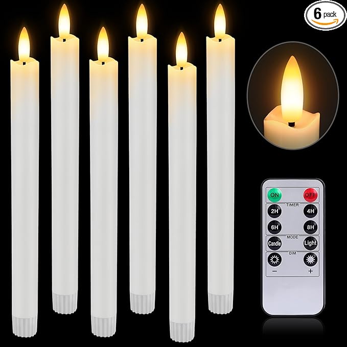 HINZER 6 Pcs Flameless Taper Candles with Remote & Timer 9.6 inch Real Wax Battery Operated LED Warm 3D Wick Flickering Window Candles for Halloween Christmas Wedding Decor, White