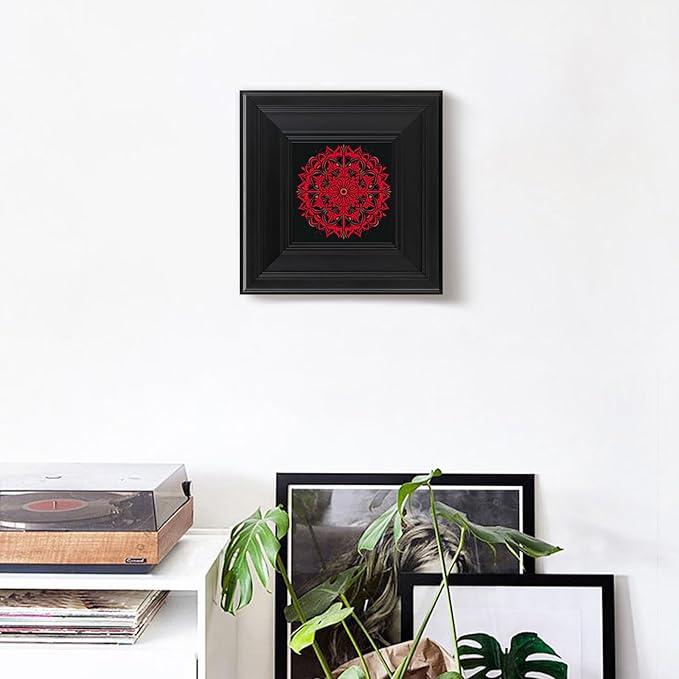 Brivoria Mandala Wall Art Home Decor, Framed Red Ember Glow Mandala Artwork, Modern Spiritual Accent for Meditation Corner Desk Shelf or Bedroom, Warm Wall and Tabletop Display, 8x8