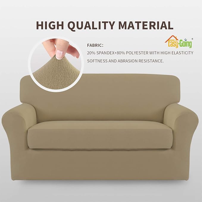 Easy-Going 2 Pieces Microfiber Stretch Sofa Slipcover Spandex Soft Fitted Sofa Couch Cover, Washable Furniture Protector with Elastic Bottom Kids, Pet (Medium, Tan)