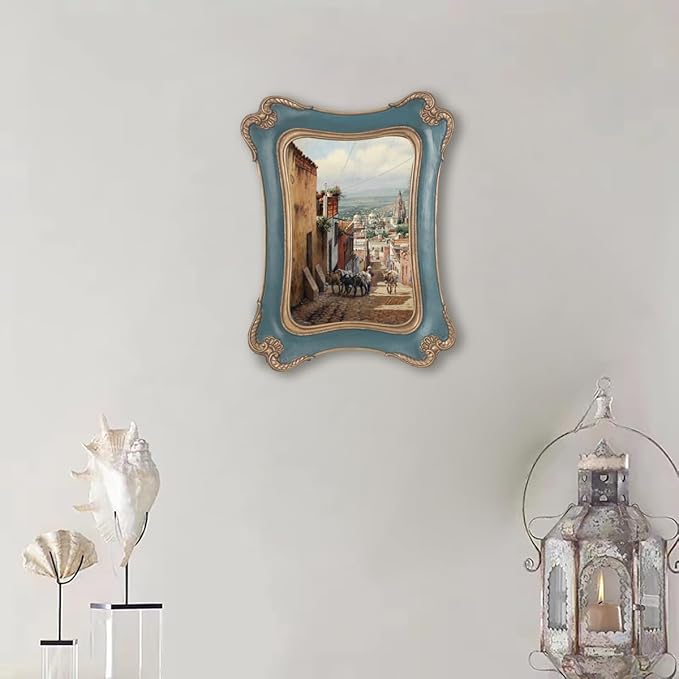 WINPLUS+ Vintage Picture Frame 5x7, Wall Mount and Tabletop Display, Art Gallery Gift (Mineral Green and Gold 5x7)