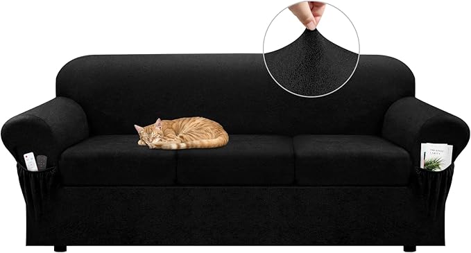 Sofa Slipcover with Armrest Pockets 4-Piece Set, Stretch Faux Leather Couch Cover for 3-Cushion Couches(Fits 72-92") - Non-Slip, Machine Washable, Pet & Kid Friendly - Black