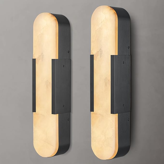 Alabaster Wall Sconce, 20" Natural Marble Wall Sconce, Black Alabaster Sconces Set of Two, Indoor Modern Bathroom Sconces Wall Lighting for Living Room, Bedroom, Hallway, Stairs