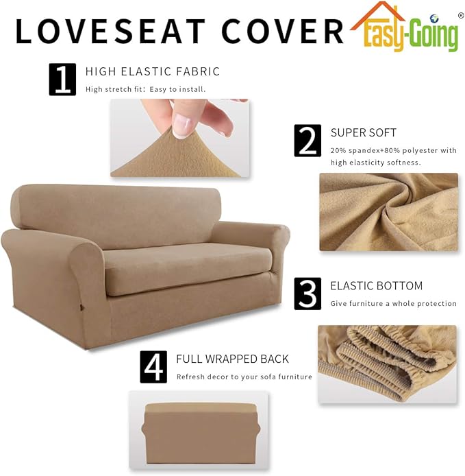Easy-Going 2 Pieces Microfiber Stretch Sofa Slipcover – Spandex Soft Fitted Sofa Couch Cover, Washable Furniture Protector with Elastic Bottom Kids, Pet (Loveseat, Camel
