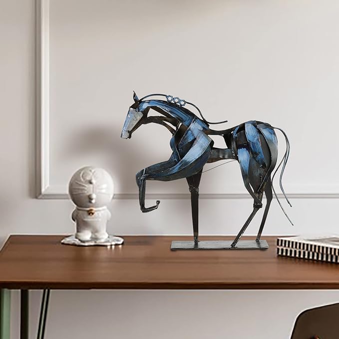 Handmade Horse Statue - Unique Rustic Decor for Office & Home - Hand-Painted Metal Sculpture - Perfect Handicraft Gift for Horse Lovers (Blue)