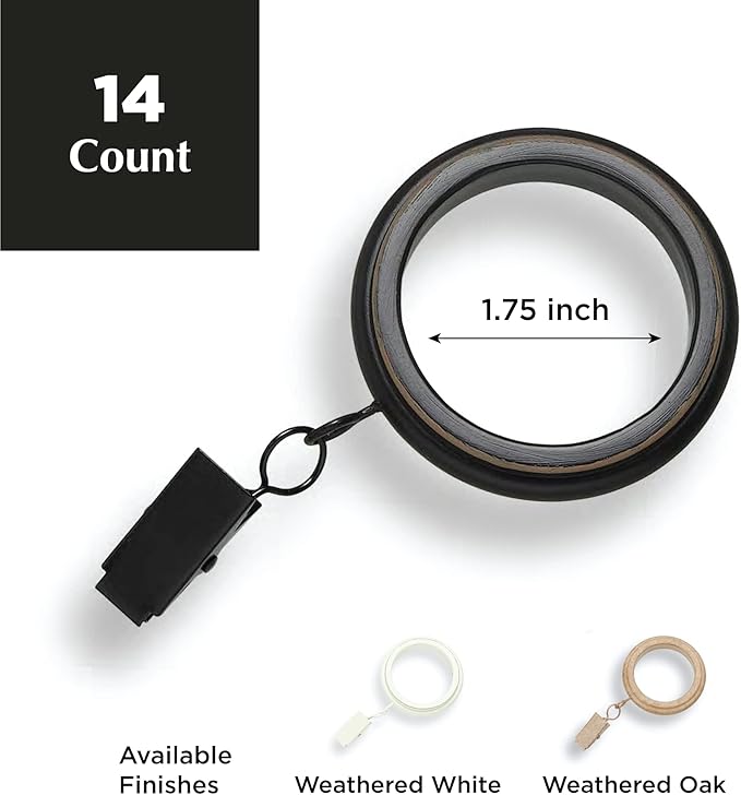 MODE Farmhouse Collection Beveled Curtain Clip Rings, Set of 14 Curtain Rings with Clips, Fits MODE Farmhouse Curtain Rod Sets, 1 3/4”, Weathered Black