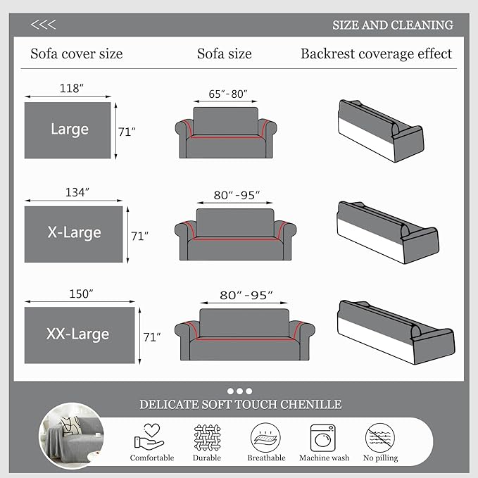 DREAMINGO Modern Minimalism Light Grey Couch Cover Sectional Sofa Covers for 3 Cushion Couch Washable Chenille Pet Couch Protector for Dogs Boho Herringbone Sofa Furniture Slipcover, 71"x150"