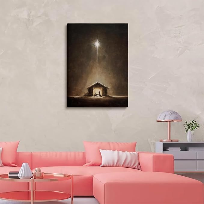 Vintage Style Christmas Manger Art Print:Christian Nativity Scene with Star of Bethlehem,Neutral Holiday Decor,Baby Jesus Artwork
