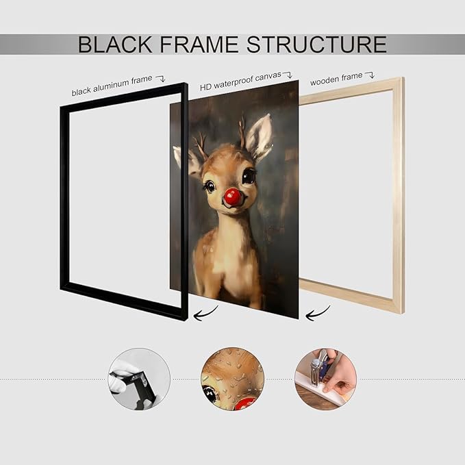 Christmas Reindeer Wall Art Winter Cute Whimsical Animal Canvas Poster 16x24 inch Black Framed Vintage Red Nose Deer Painting Prints for Rustic Living Room Bedroom Wall Decor