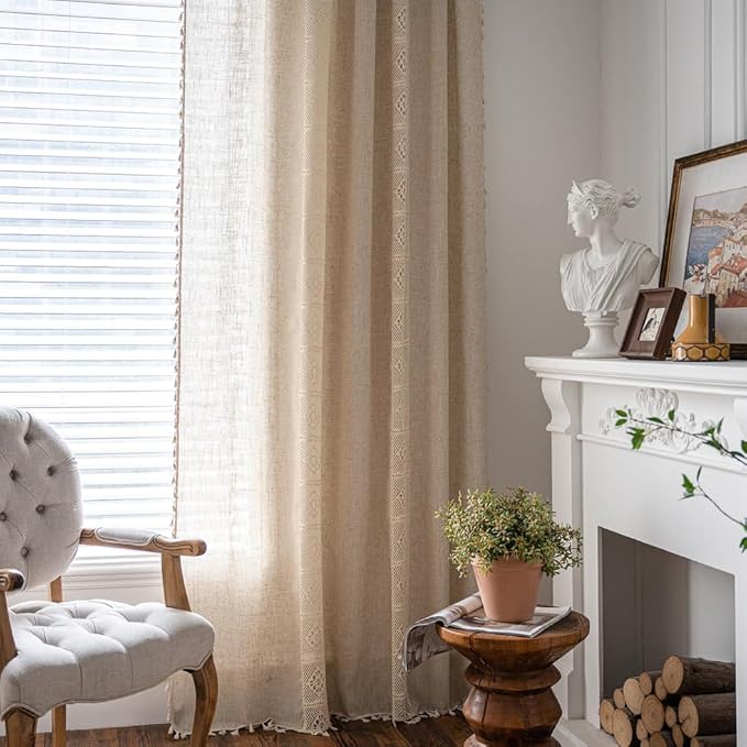 OYX Boho Curtains 84 Inch Length 2 Panels for Living Room, Bedroom Light Filtering Drapes, Farmhouse Vintage Country French Rustic Tassels Pattern Rod Pocket Aesthetic Decor Window Treatments