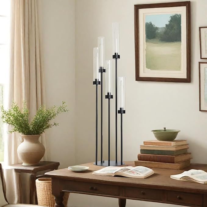 39.8''Matte Black Candle Holder with Acrylic Shades Tall 5 Arm Candelabra Black Table Centerpiece 10PCS for Wedding Living Dining Room Fireplace Decoration Fit 0.98''LED Taper Candle