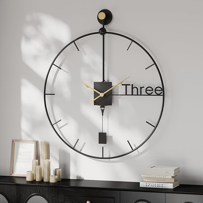 Cuspin Modern Large Wall Clock 24 inch with Pendulum, Battery Operated Silent Non-Ticking Metal Wall Clock for Living Room Decor, Decorative Hanging Clock for Bedroom, Office, Kitchen, Home