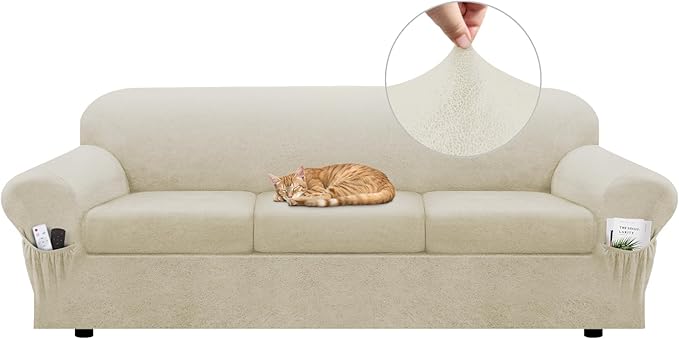 Sofa Slipcover with Armrest Pockets 4-Piece Set, Stretch Faux Leather Extra Large Couch Covers for 3-Cushion Couches(Fits 98-112") - Machine Washable, Pet & Kid Friendly - Beige