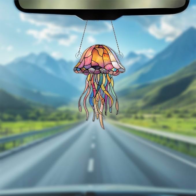 Jellyfish Ornaments Decor for Window Hanging, Jellyfish Lover Gifts for Women Men, Sea Animal Home Wall Room Decorations, Christmas 2D Flat Acrylic Ornamnet