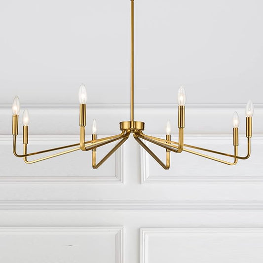 38" Gold Chandeliers for Dining Room, 8-Light Modern Farmhouse Chandelier Light Fixture, Brushed Brass Industrial Candle Lighting Hanging Ceiling for Living Room Bar Kitchen Island Lights