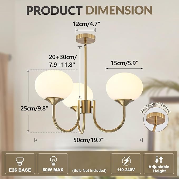 BOKT Mid Century Modern Globe Sputnik Chandelier Vintage 3 Light Milk Glass Pendant Light Large White and Gold Ball Chandelier Light Brushed Brass Sputnik Hanging Light Fixture for Bedroom