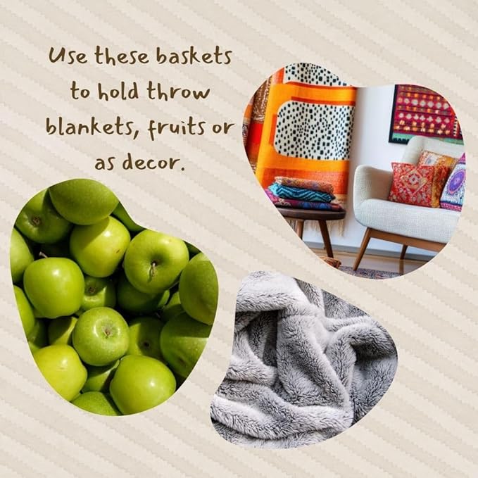 Home & Kitchen Decor, Wicker Basket, Picnic Basket, Living Room Basket, Organizing, Harvesting, Foraging, Fruit Storage, Hand Woven, Pot Shape, 16" Wide, Boho - Dark Green, Red