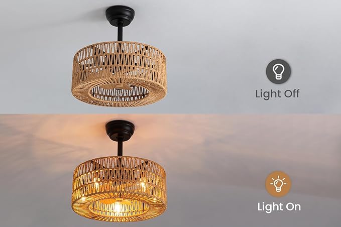 Boho Caged Ceiling Fan with Light, 18 inch Rattan Ceiling Fan with Light, Boho Fandelier, Farmhouse Fandelier Low Profile Cei ling Fan for Bedroom Kitchen Living Room Kids Room