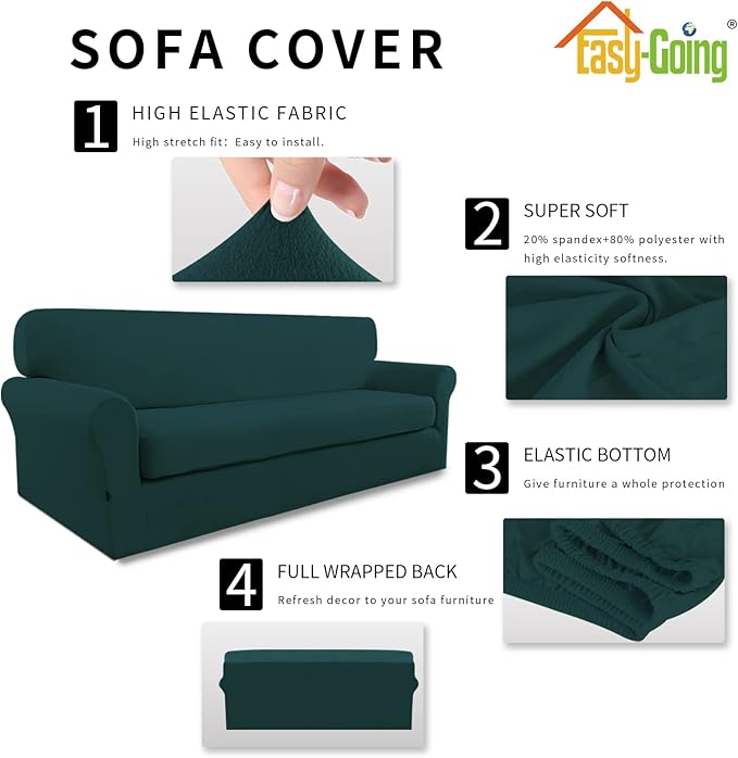 Easy-Going 2 Pieces Microfiber Stretch Sofa Slipcover – Spandex Soft Fitted Sofa Couch Cover, Washable Furniture Protector with Elastic Bottom Kids,Pet (Sofa, Deep Teal)