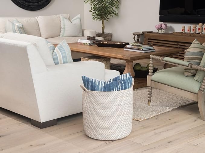 KOUBOO Laguna Round Rattan Storage Basket with Ear Handles, Wicker Blanket, Laundry Hamper, Indoor Plant Basket, Decorative Home Organizer, White Wash, Large