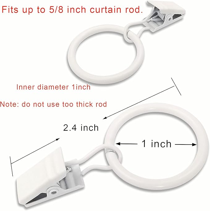 44 Pack Curtain Rings with Clips, Curtain Clip Rings Hooks, Bow Hanger Clips for Hanging Drapery Drapes Bows, Ring 1 inch Interior Diameter, Fits up to 5/8" Rod, White
