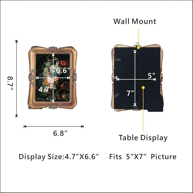 WINPLUS+ Vintage Picture Frame 5x7, Wall Mount and Tabletop Display, Art Gallery Gift (Antique Gold 5x7)
