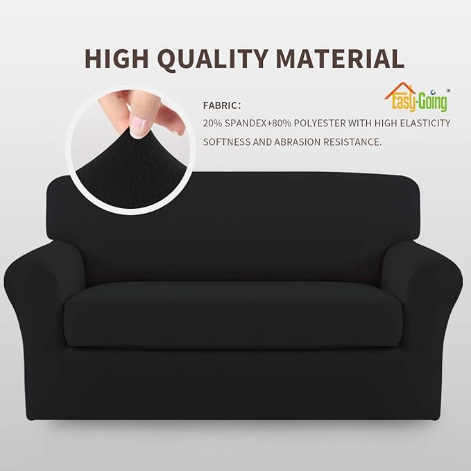 Easy-Going 2 Pieces Microfiber Stretch Sofa Slipcover Spandex Soft Fitted Sofa Couch Cover, Washable Furniture Protector with Elastic Bottom Kids, Pet (Loveseat, Black, Medium)