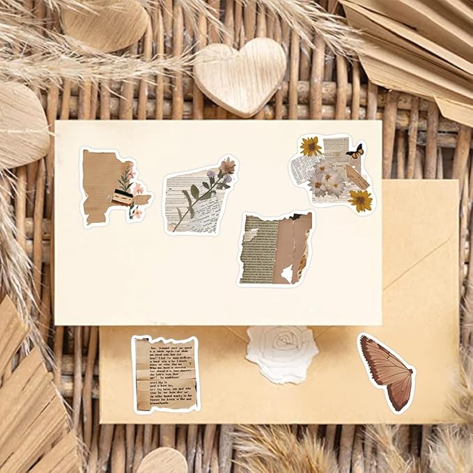 Yoksas 50Pcs Vintage Old Antique Newspaper Words Stickers - Cottagecore Old Looking Stickers for Scrapbook Supplies,Journaling,Planner,Laptops