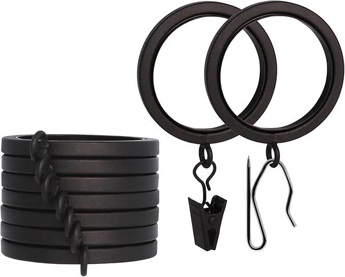BlastHome® Luxury Curtain Rings - Premium Metal with Quiet, Smooth Nylon Inserts - Pinhooks and Clips Included - 1 1/2" Inside Diameter - 9 Rings for One Standard Curtain - Brushed Dark Brown