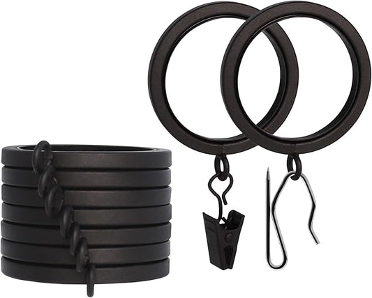 BlastHome® Luxury Curtain Rings - Premium Metal with Quiet, Smooth Nylon Inserts - Pinhooks and Clips Included - 1 1/2" Inside Diameter - 9 Rings for One Standard Curtain - Brushed Dark Brown