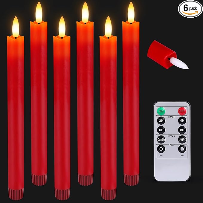 HINZER 6 Pcs Flameless Taper Candles with Remote & Timer 9.6 inch Real Wax Battery Operated LED Warm 3D Wick Flickering Window Candles for Halloween Christmas Wedding Decor, Red