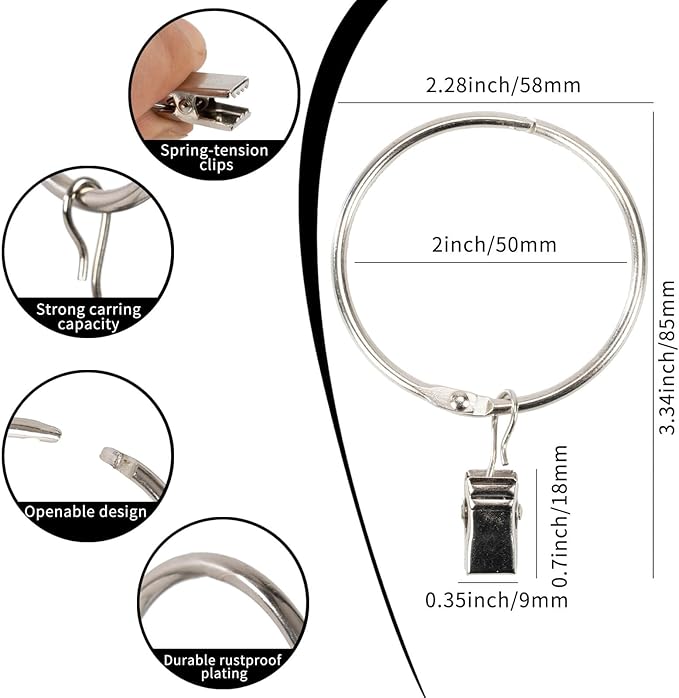 Openable Curtain Rings with Clips,2inch Inner Diameter,Heavy Duty Rustproof Metal Decorative Vintage Drapery Rings Curtain Clips Rod Hangers Door Curtain and Shower Curtain Rings Silver Zocang