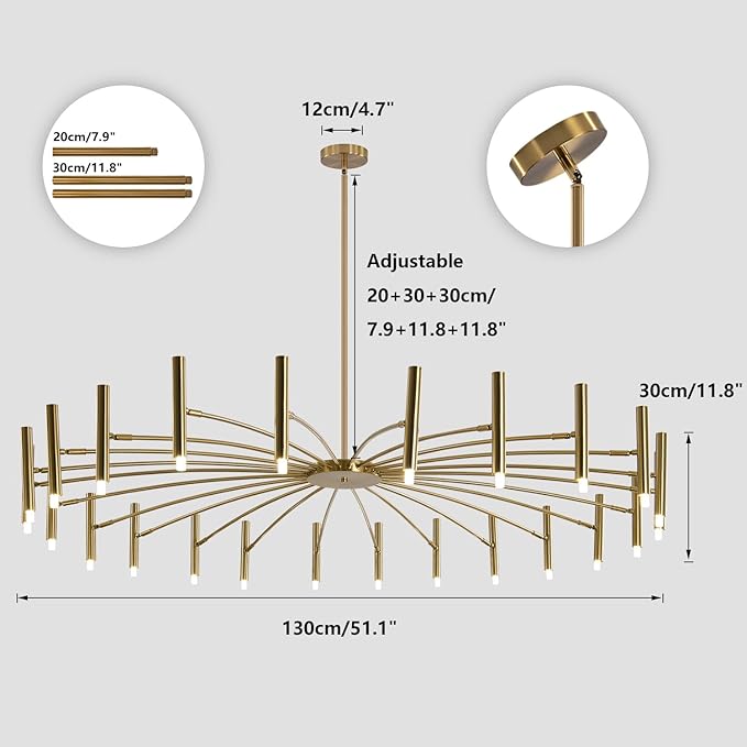 KCO Lighting Mid Century Modern Gold Sputnik Chandelier 24-Light Antique Brushed Brass Large LED Chandeliers Farmhouse Hanging Semi Flush Mount Ceiling Light Kitchen Island Dining Pendant Lights