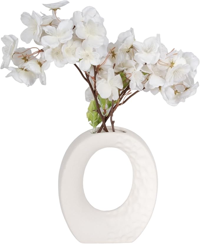 Modern Stoneware Vase with Rough Finish and Open Cut-Out – Contemporary Decorative Ceramic Flower Holder – Unique Home Decor Accent for Living Room, Bedroom, Office, or Dining Table –7", White