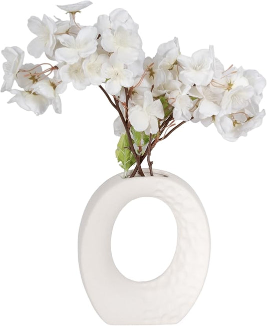 Modern Stoneware Vase with Rough Finish and Open Cut-Out – Contemporary Decorative Ceramic Flower Holder – Unique Home Decor Accent for Living Room, Bedroom, Office, or Dining Table –7", White