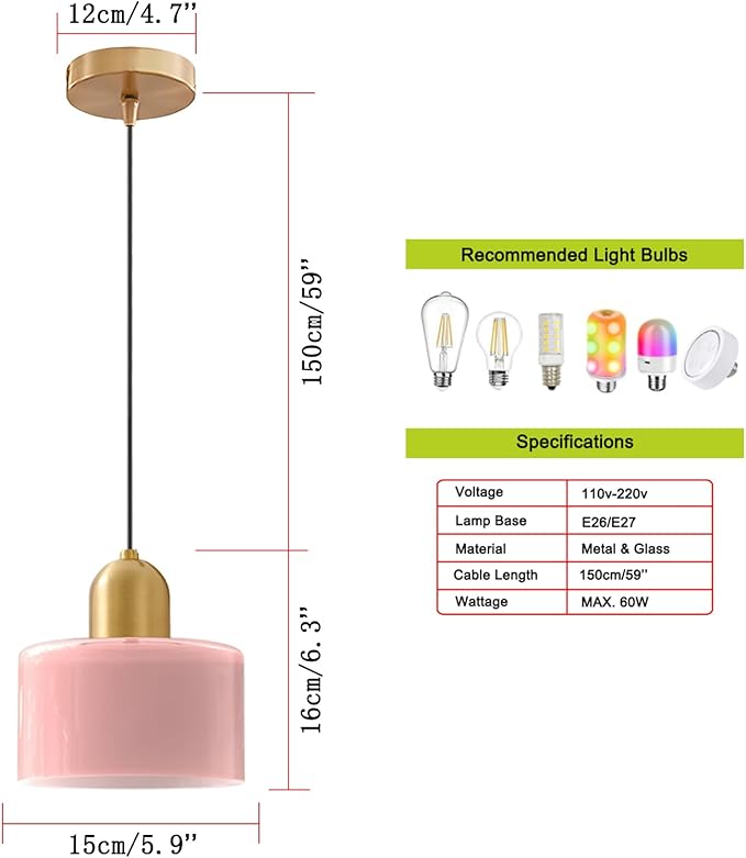Modern Glass Pendant Light, E26 Hanging Light Fixture with Gold Metal Socket, Adjustable Cord Ceiling Lighting for Kitchen, Dining Room, and Bedroom (Pink)