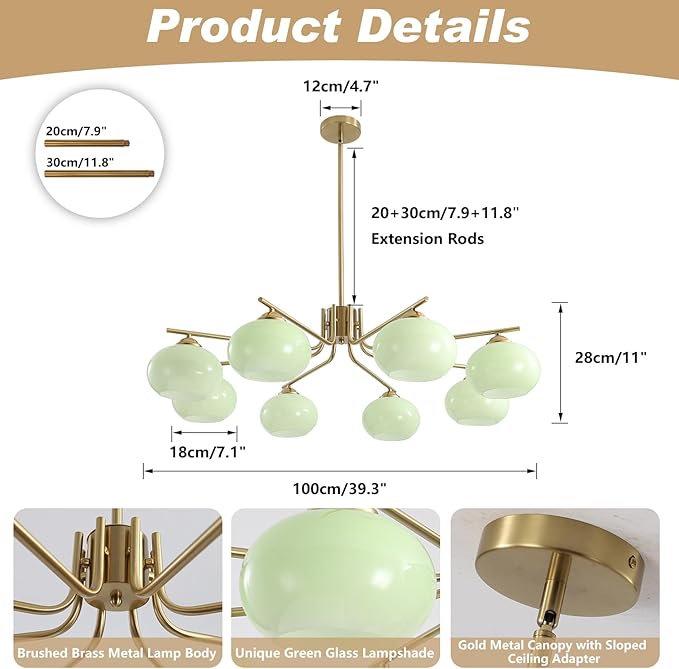 KCO Lighting 8 Lights Green Glass Chandelier Mid Century Modern Globe Chandelier Brass Gold Sputnik Chandelier Light Fixture Green Sputnik Ceiling Light for Dining Room Living Room