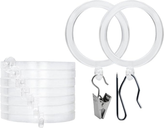 BlastHome® Luxury Curtain Rings - Premium Metal with Quiet, Smooth Nylon Inserts - Pinhooks and Clips Included - 1 1/2" Inside Diameter - 9 Rings for One Standard Curtain - Clear Acrylic