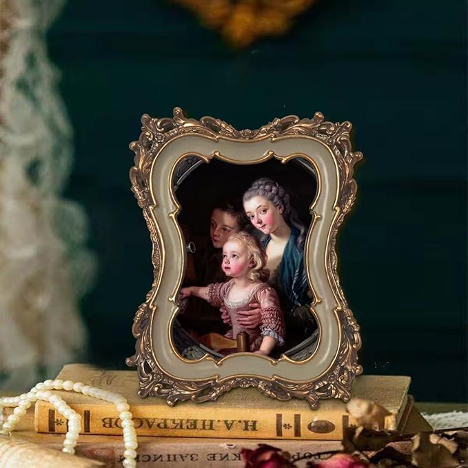 WINPLUS+ 5x7 Vintage Picture Frame, Luxury Antique Rectangular Photo Frame In Ivory Tone With Intricate Waved Floral Design, Wall Mount and Tabletop Display, Art Gallery Gift (Ivory and Gold 5x7)