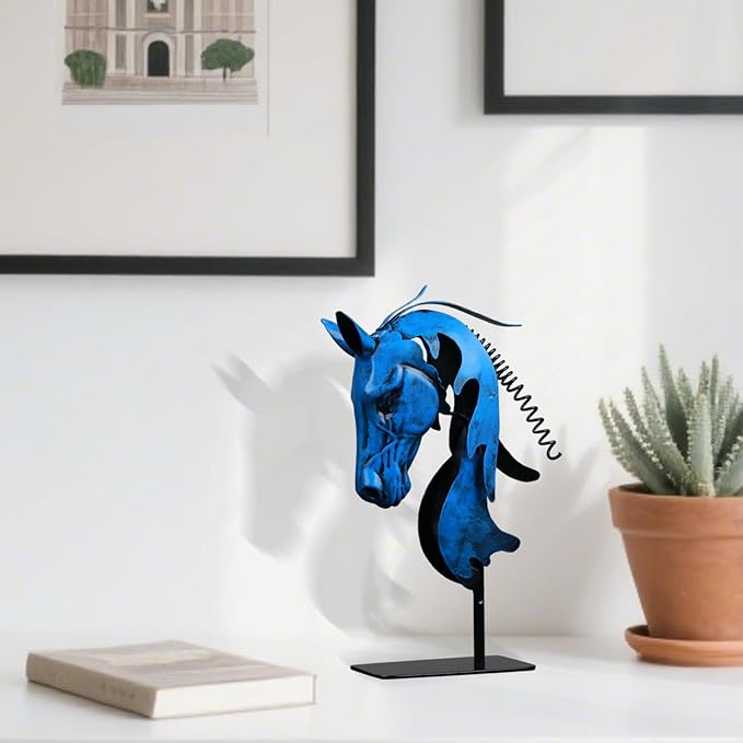 Handmade Horse Statue - Unique Rustic Decor for Office & Home - Hand-Painted Metal Sculpture - Handmade Horses Figurines Gifts for Women/Men (Blue)